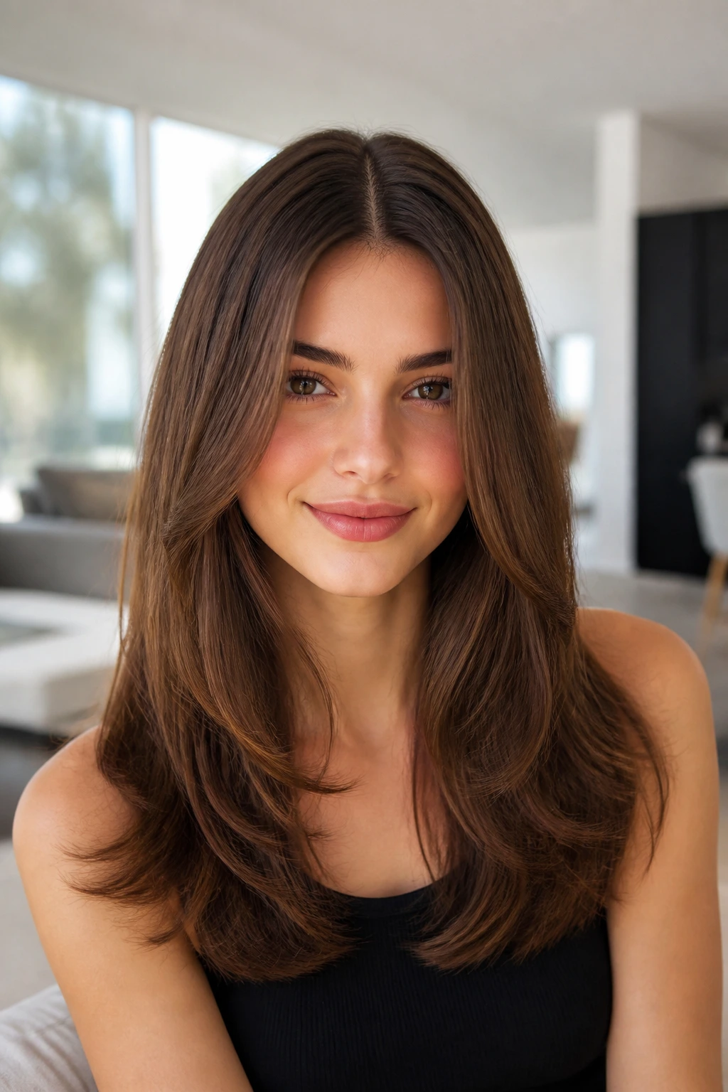 Close-up of a real person with a smooth center-parted layered cut