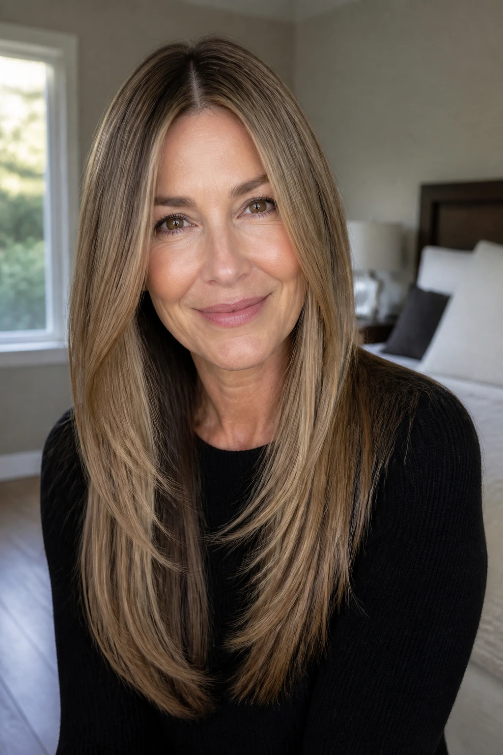 Portrait of woman with sleek center-part layers and soft babylights