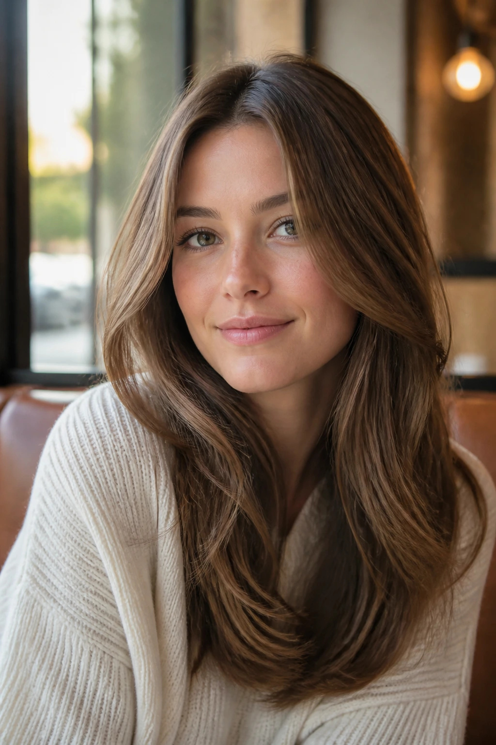 Portrait of a woman with center-parted layers opening the face