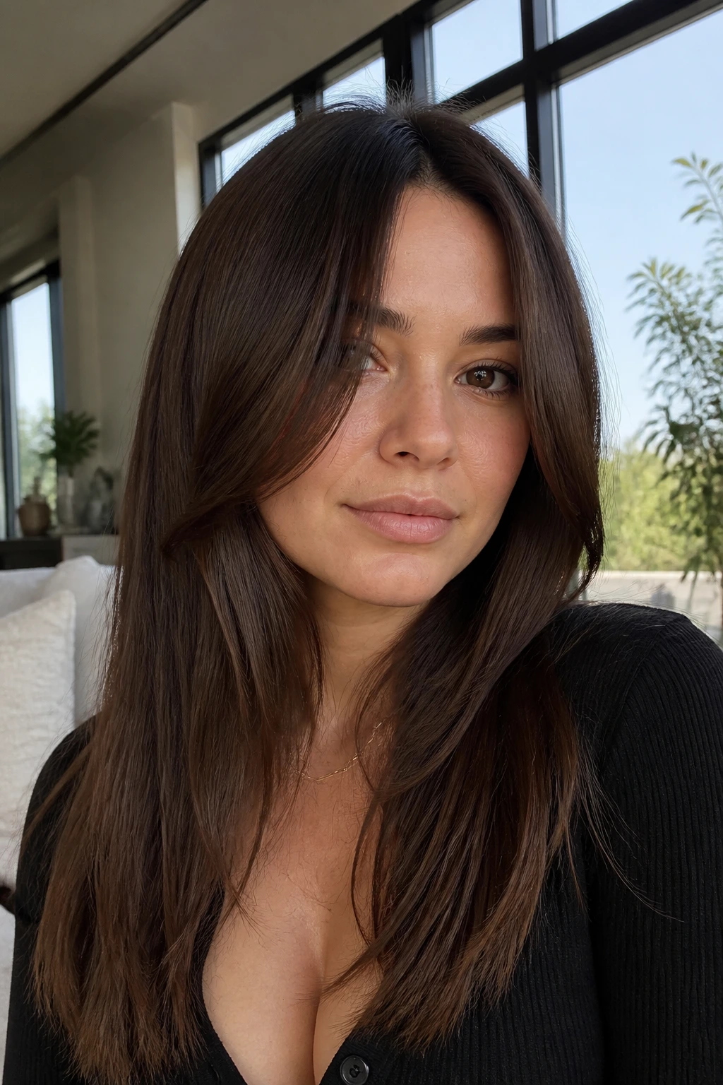 Real woman with sleek center-part layers and face-skimming curtains.