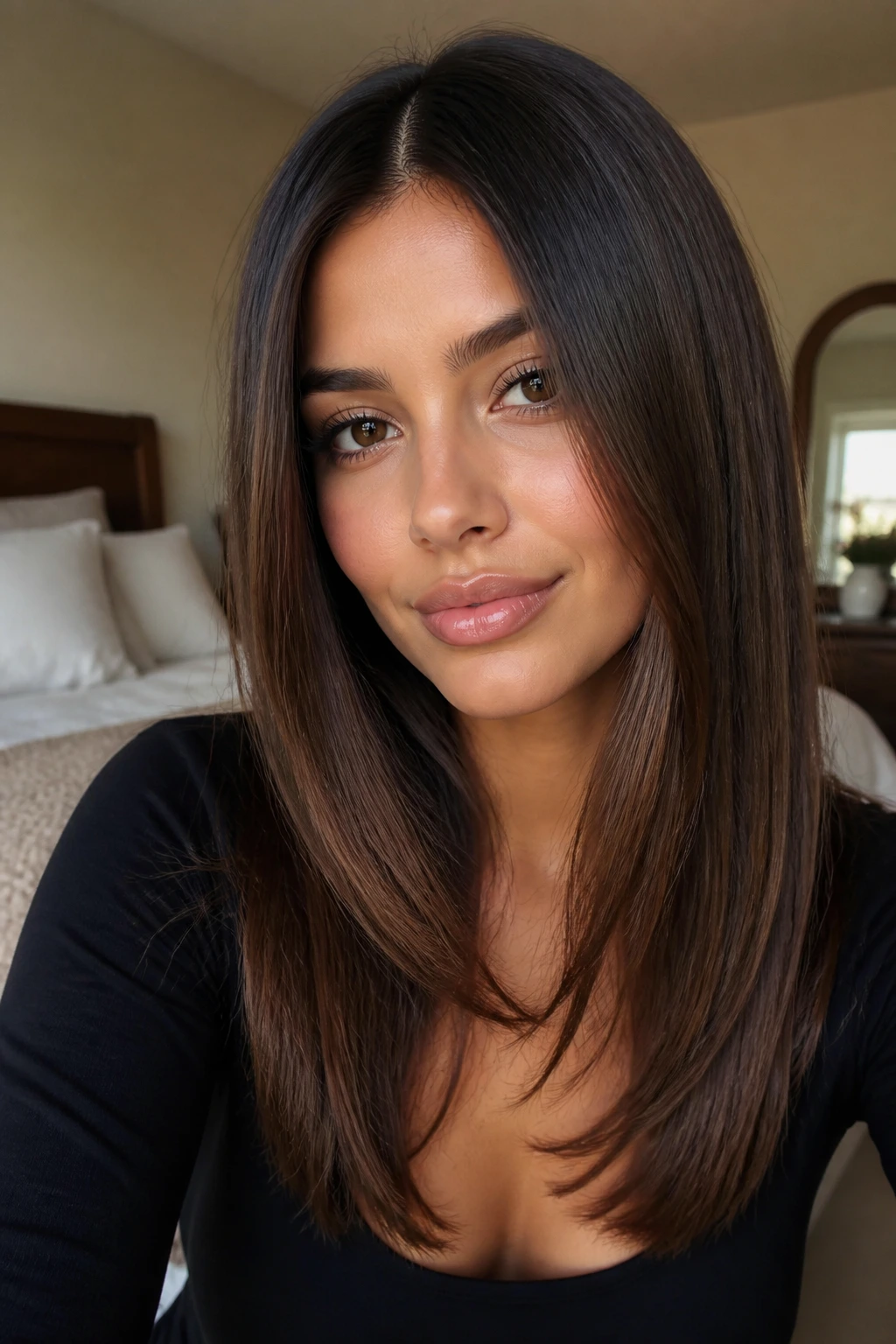 Portrait of a real woman with sleek center-part layers, long front pieces bypassing the jaw.