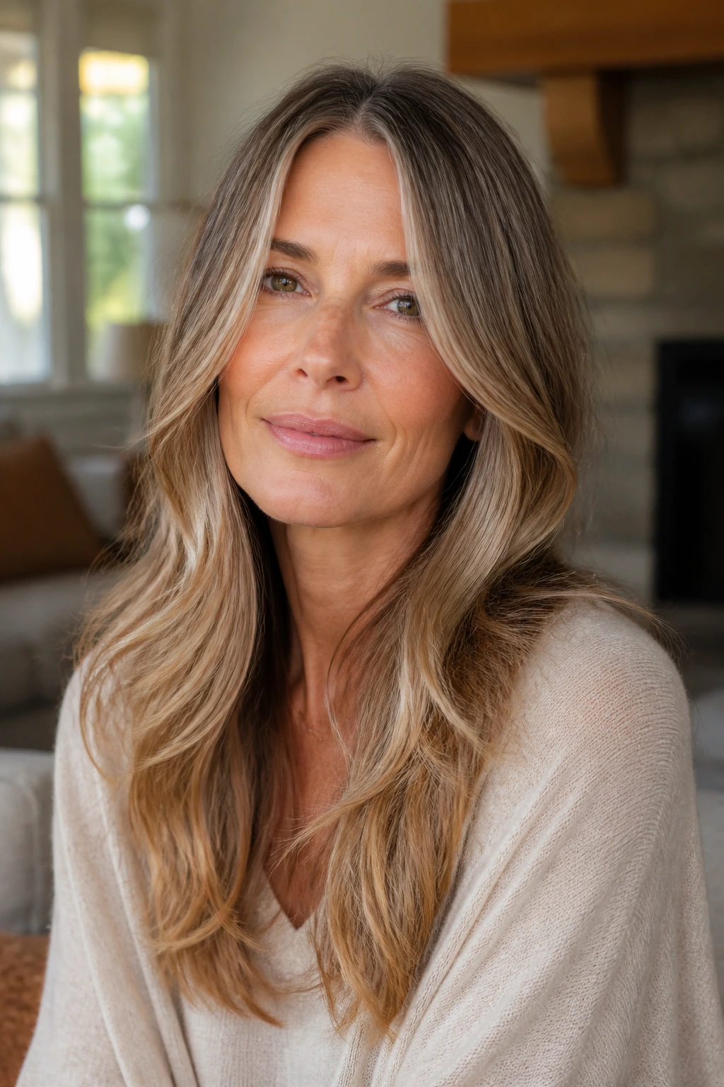 Close-up portrait of a real woman with center-part soft balance layered hair