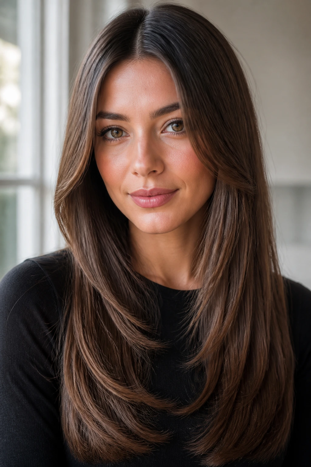 Real woman with polished center-part and symmetrical layers