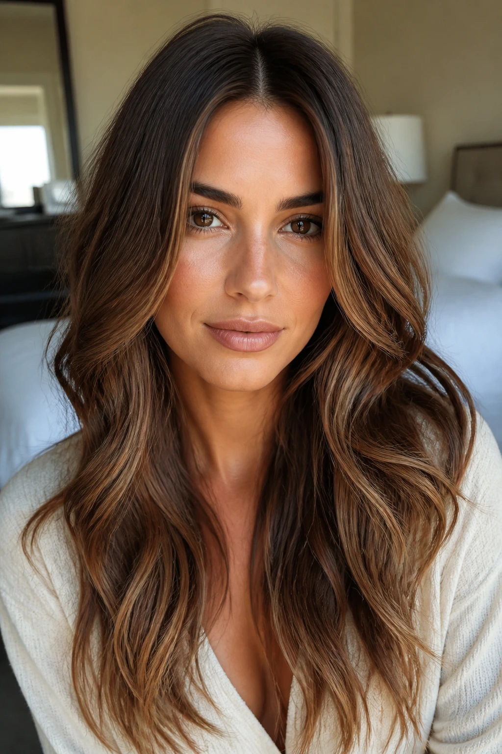 Close-up of real woman with center-parted long wavy hair and polished layers