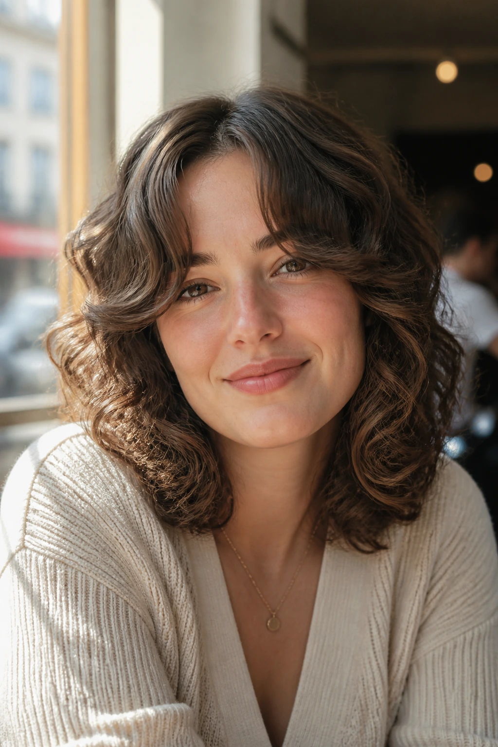 Close-up portrait of a real woman with a center-part lob and bottle-neck bangs