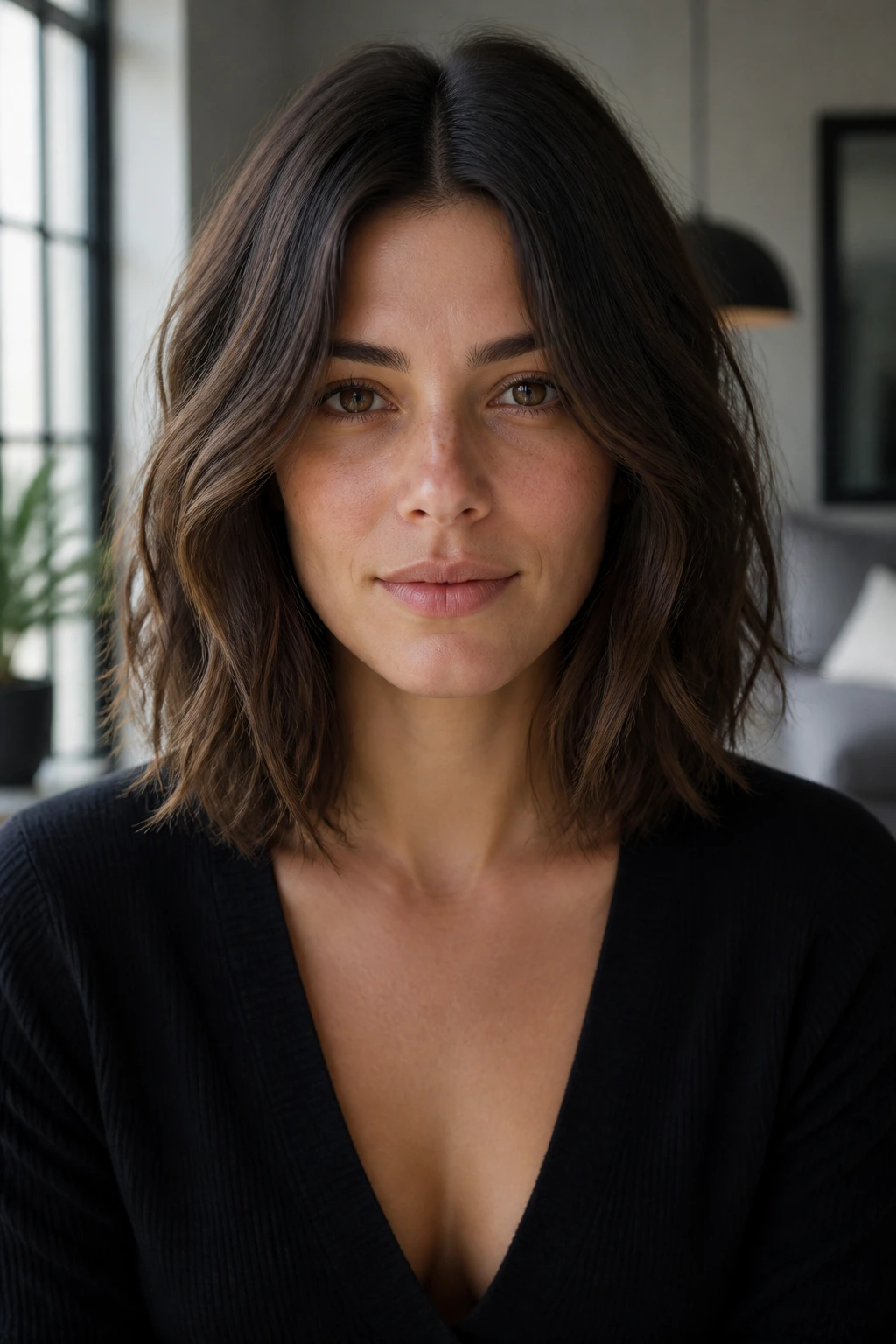 Real person with center-part long bob and blended layers in natural light