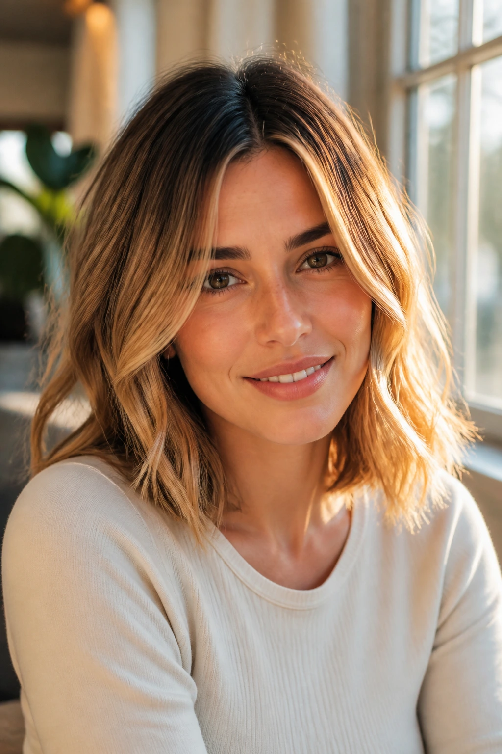 Portrait of a woman with a center-part lob and sunlit caramel highlights