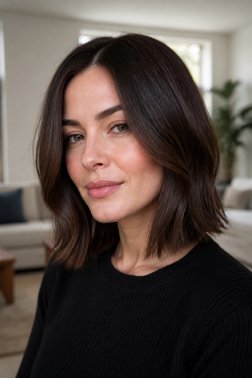 Close-up of a real woman with a center-part lob featuring cheekbone cuts framing the face