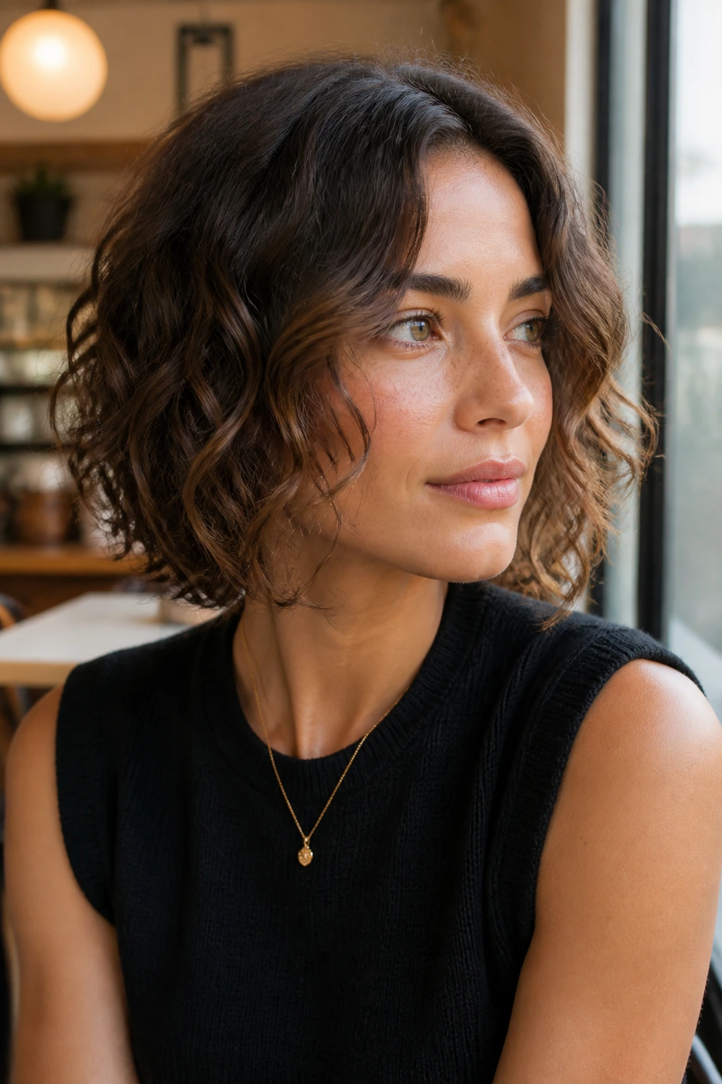 Portrait of a woman with center-parted lob and cheekbone layers.