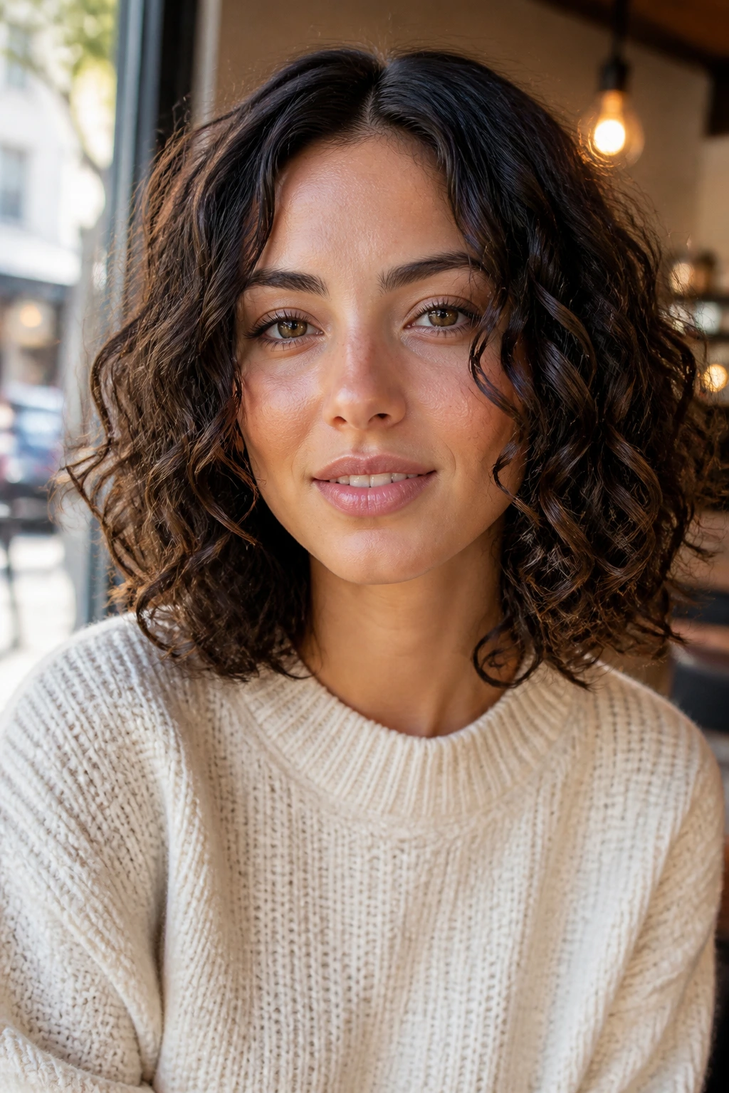 Close-up portrait of a real woman with a center-part lob and cheekbone-length layers