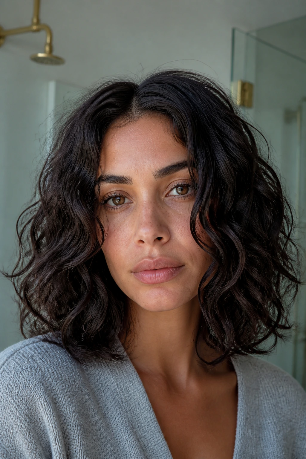Portrait of a real woman with center-part lob hairstyle in a home setting