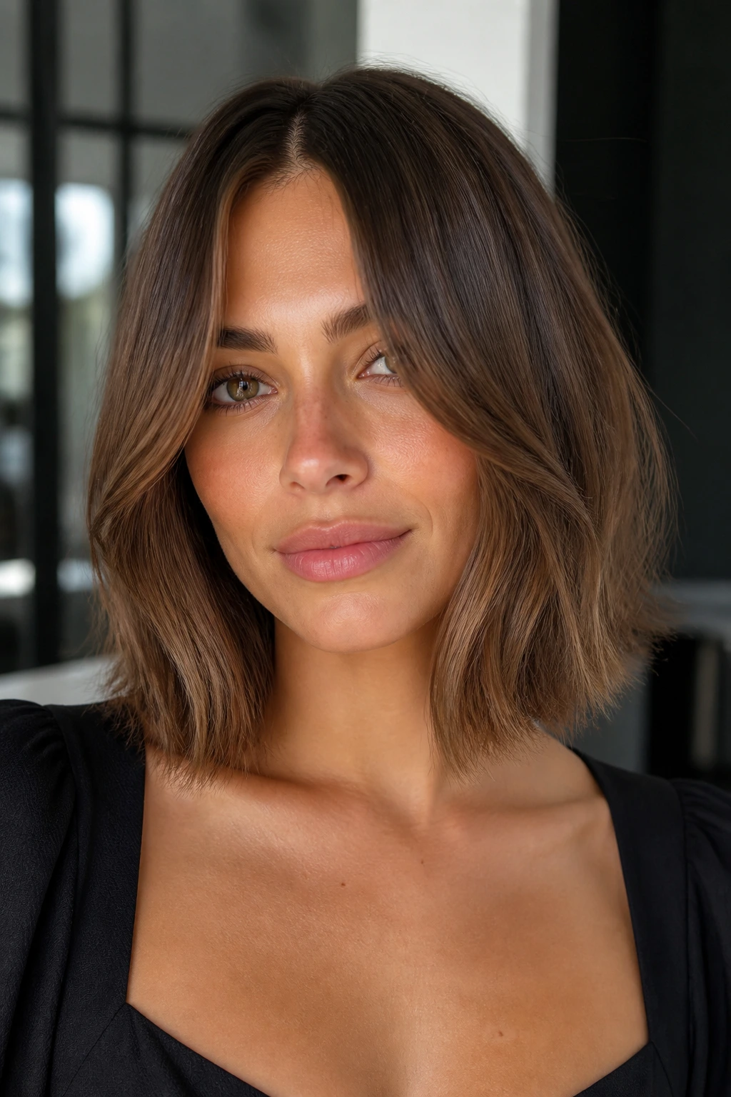 Close-up of a real woman with center-parted lob and curtain bangs framing the face
