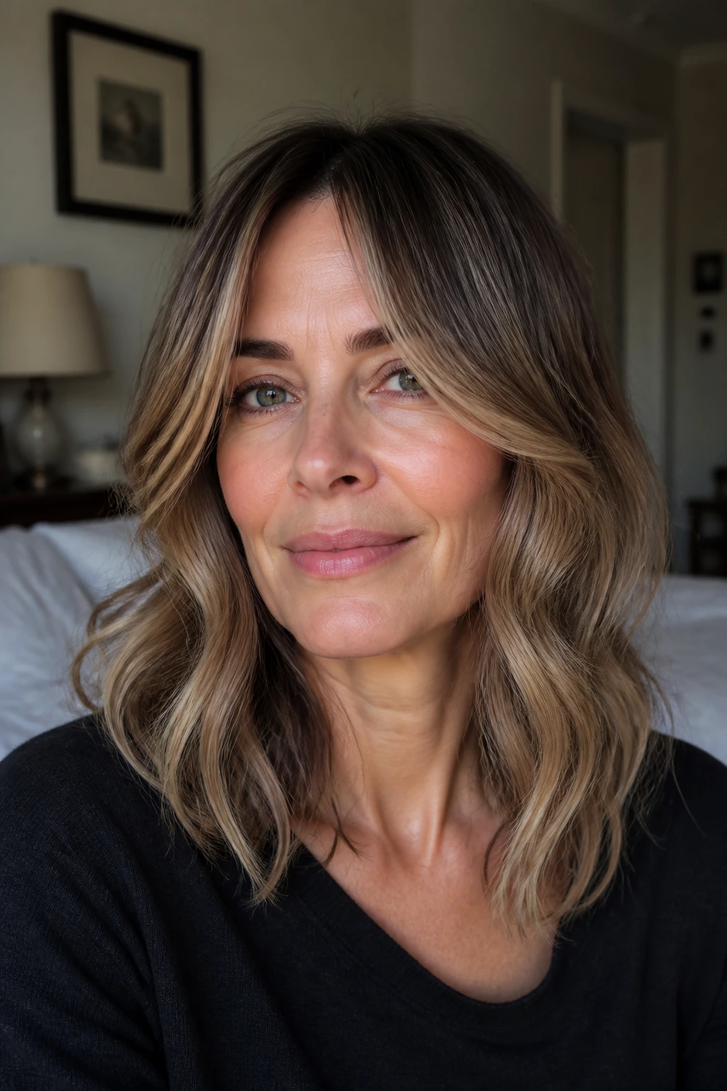Close-up of a real woman with center-part lob and curtain pieces, soft waves