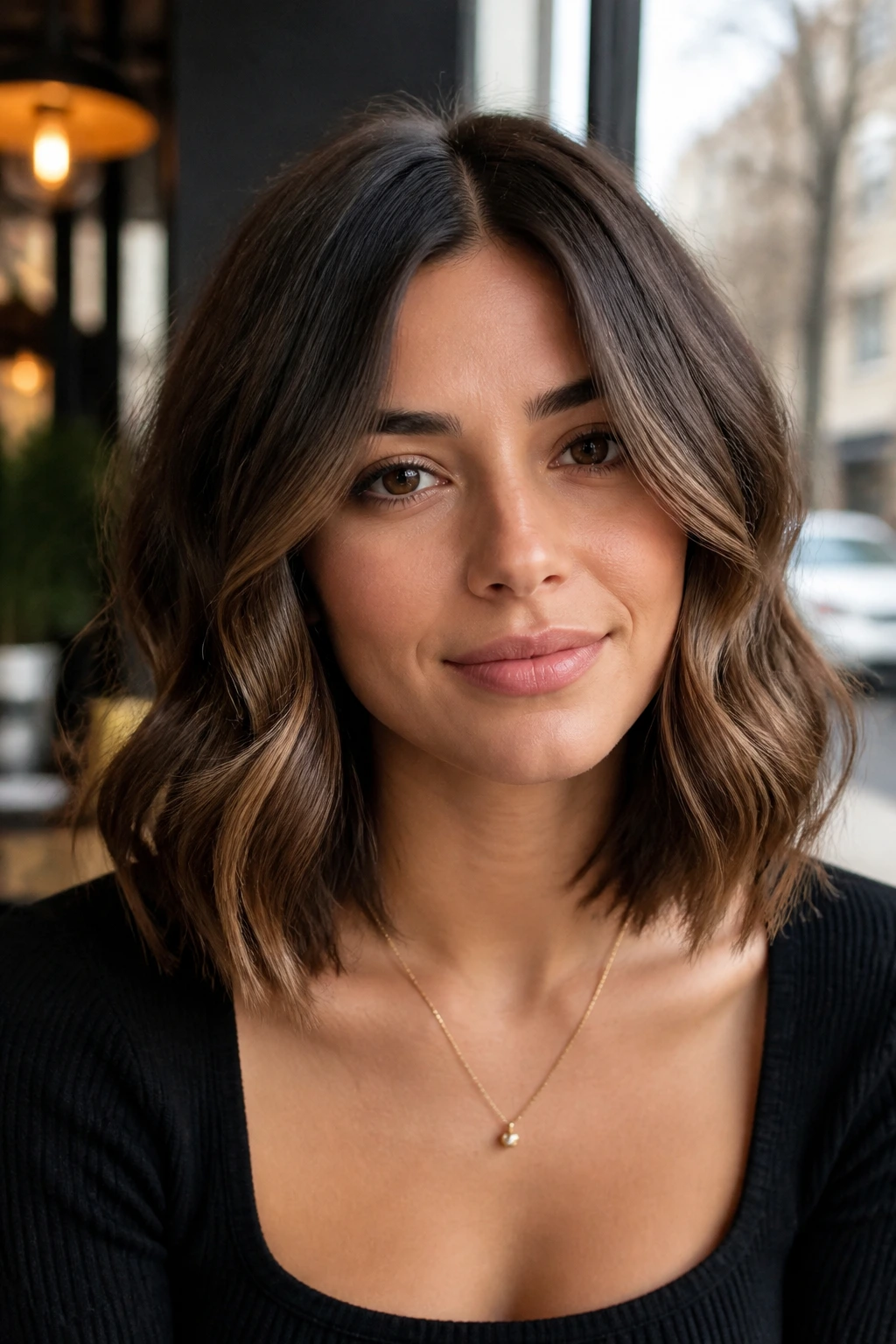 Close-up of a real woman with a center-part lob and face-framing layers