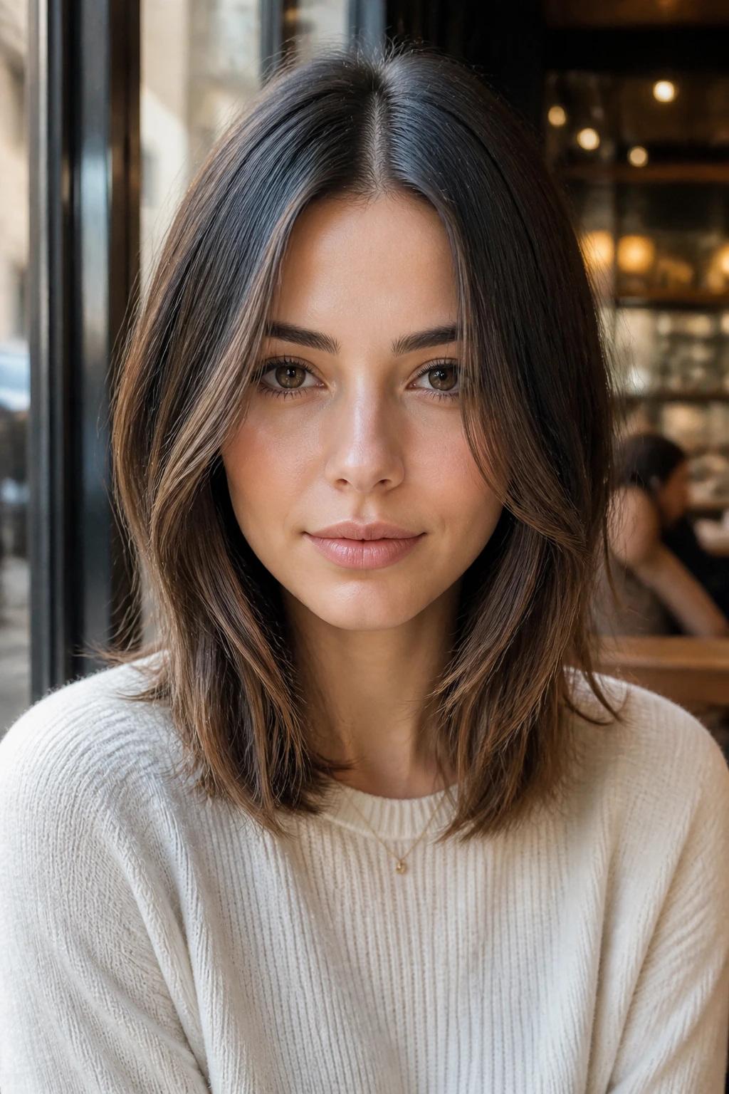 Portrait of a woman with a center-part lob and face-framing ribbons.