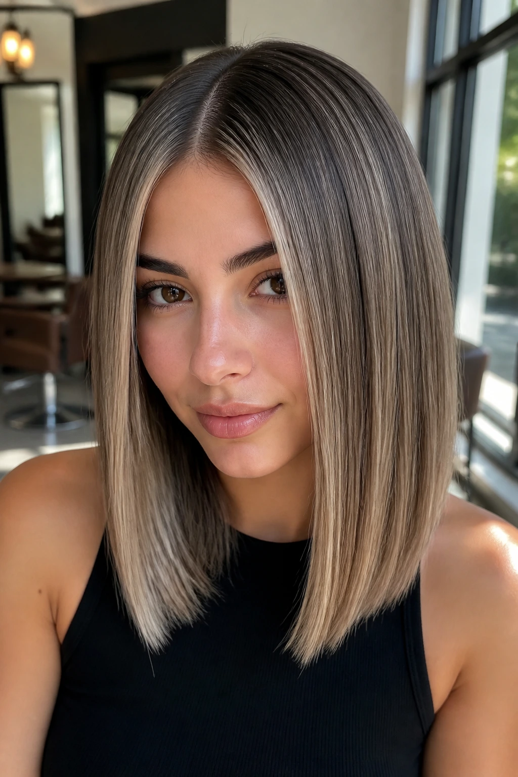 Close-up of a real woman with a sleek center-part lob and glassy finish, with fine babylights framing the part