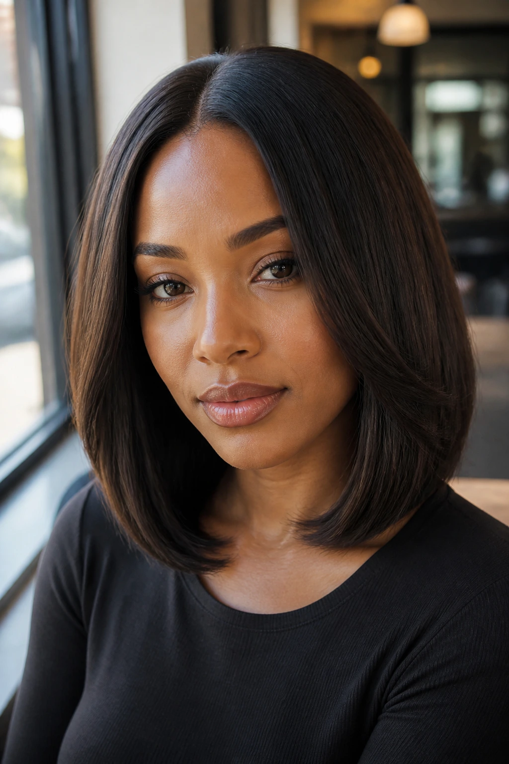 Close-up of a real woman with a center-part lob and soft ends