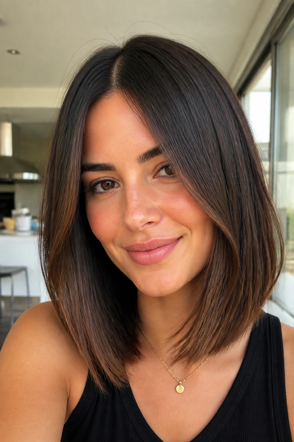Portrait of a woman with a center-part lob and hidden layers beneath the top