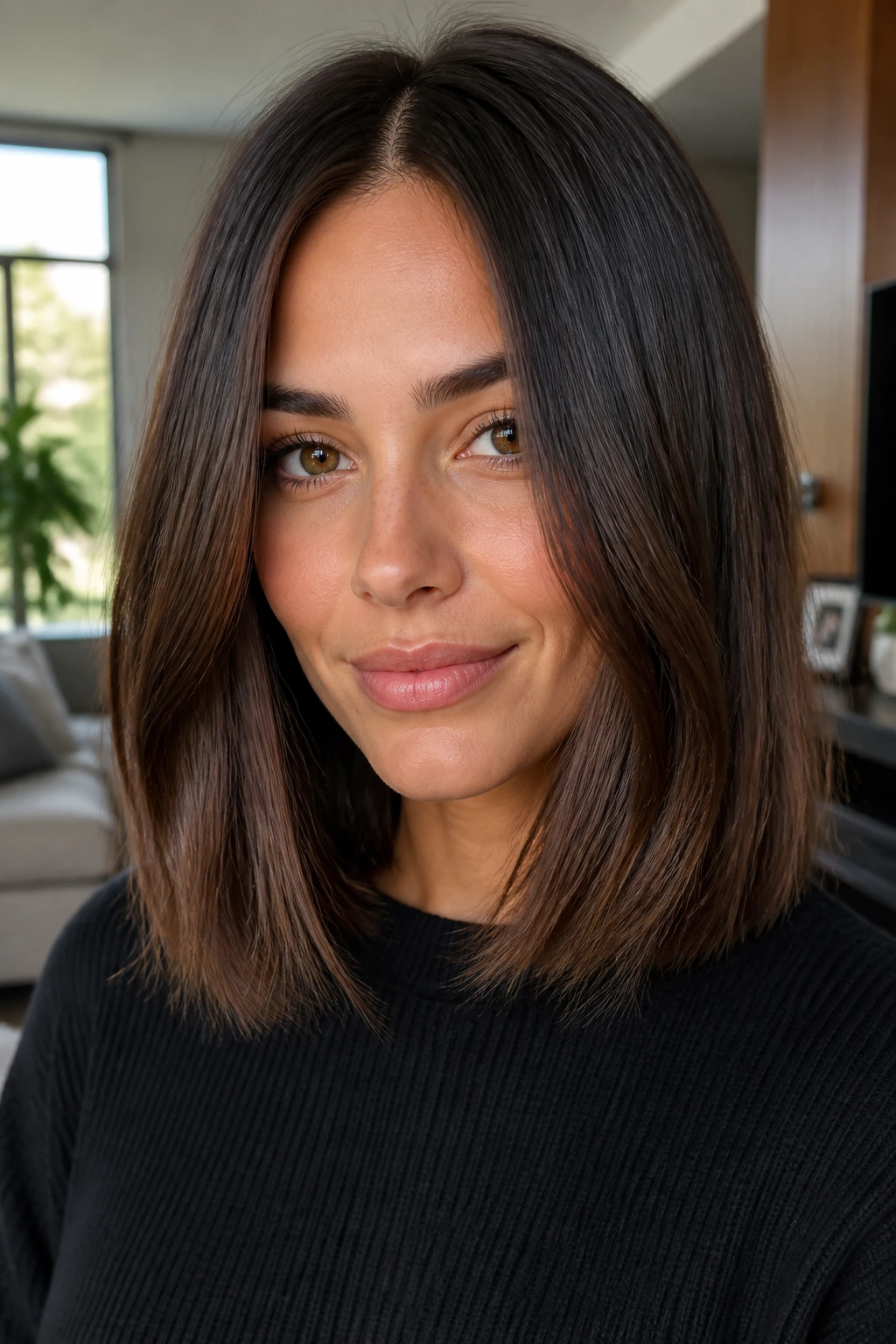 Woman with sleek center-part lob showing internal movement