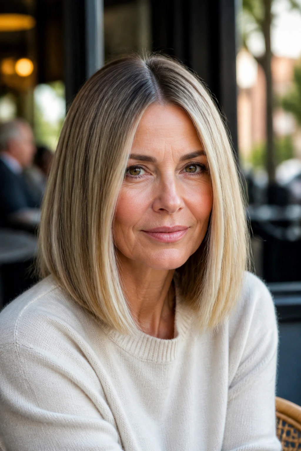 Close-up portrait of a real woman with a center-part lob and balanced length