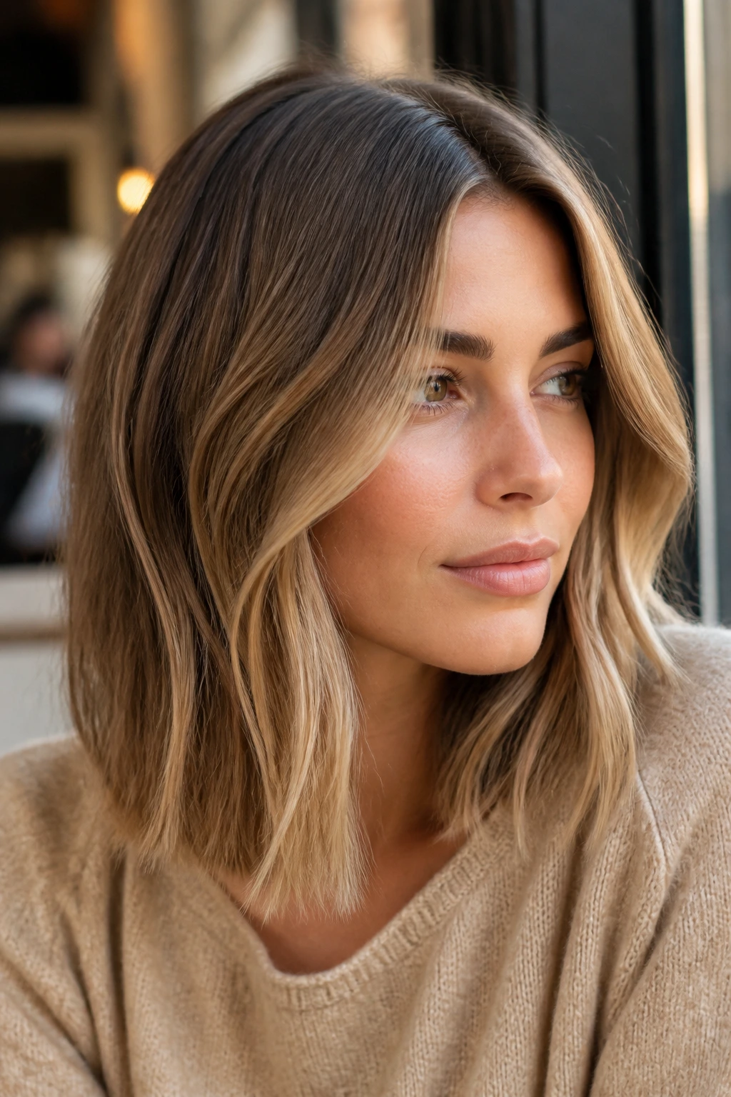 Close-up of Soft Center-Part Lob with sandy ribbons on a real woman