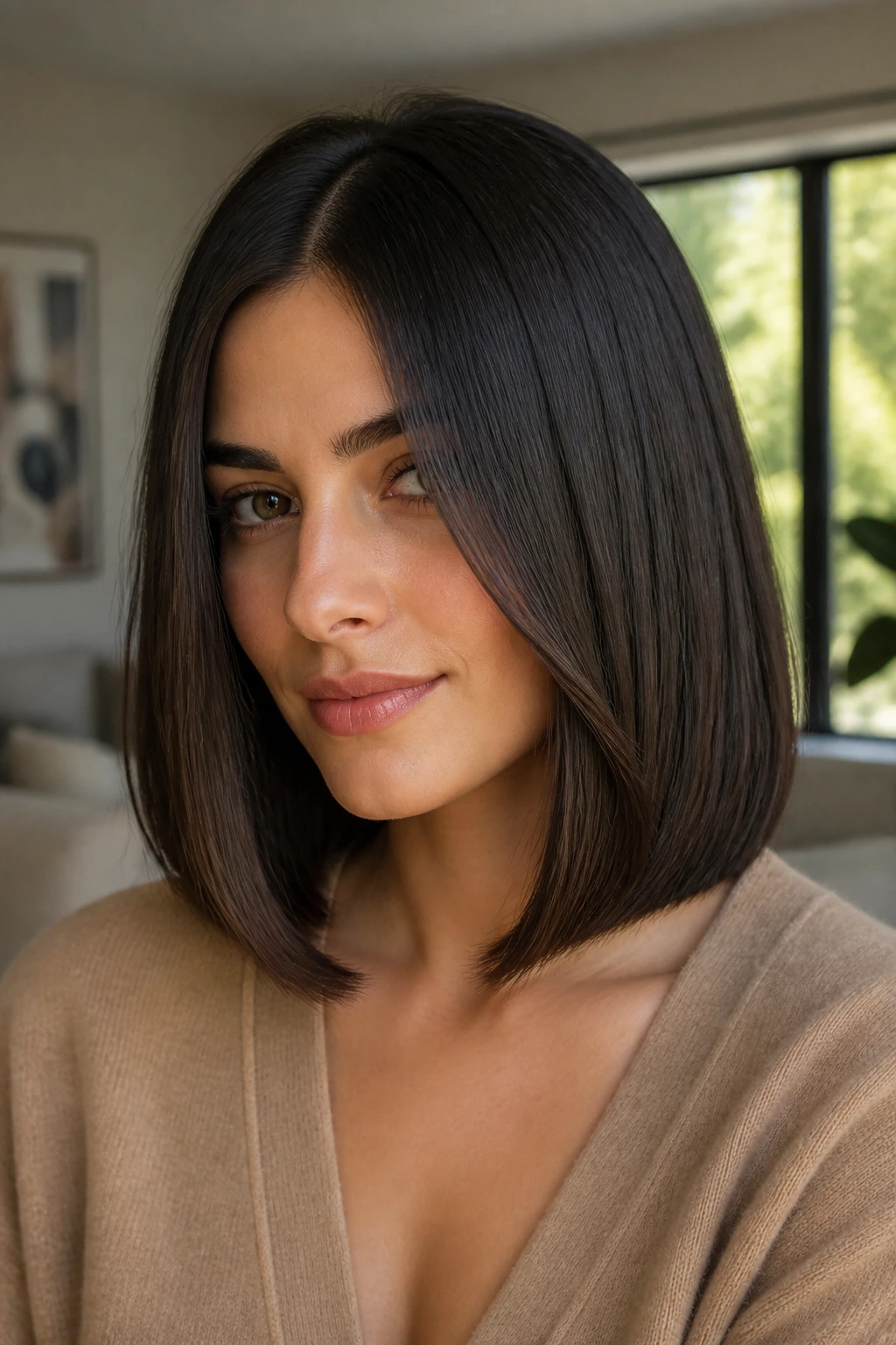 Close-up of a real woman with a glossy center-part lob framing the cheeks