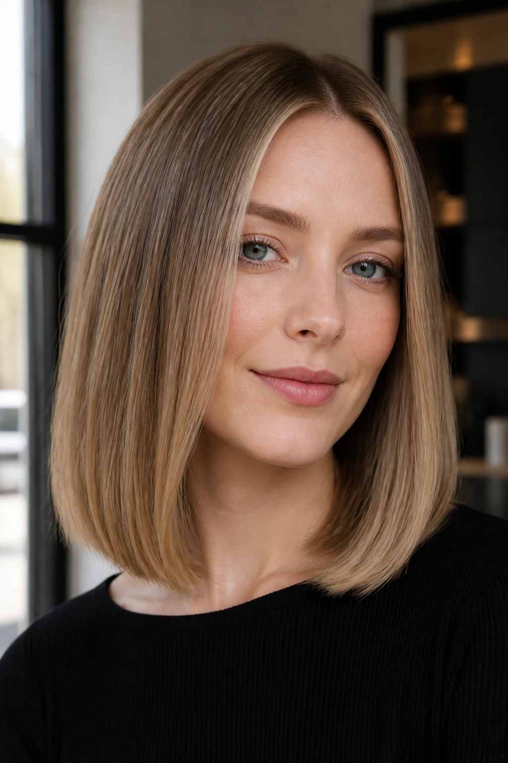 Close-up of a woman with a sleek center-part lob