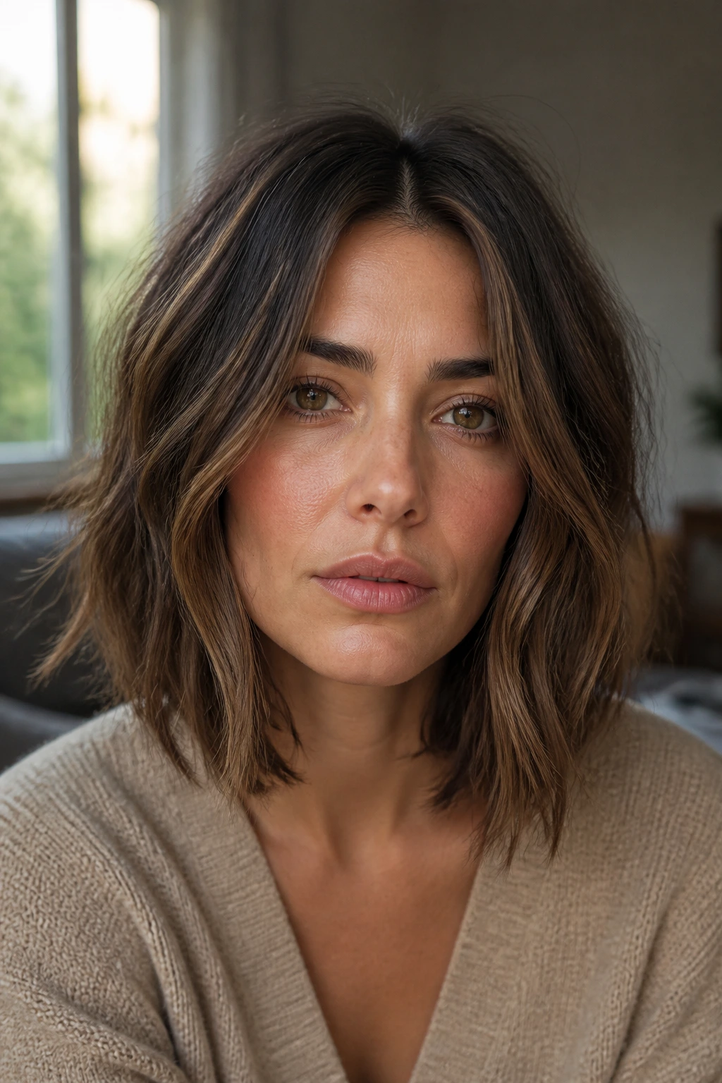 Real woman with center-part tousled lob, soft movement