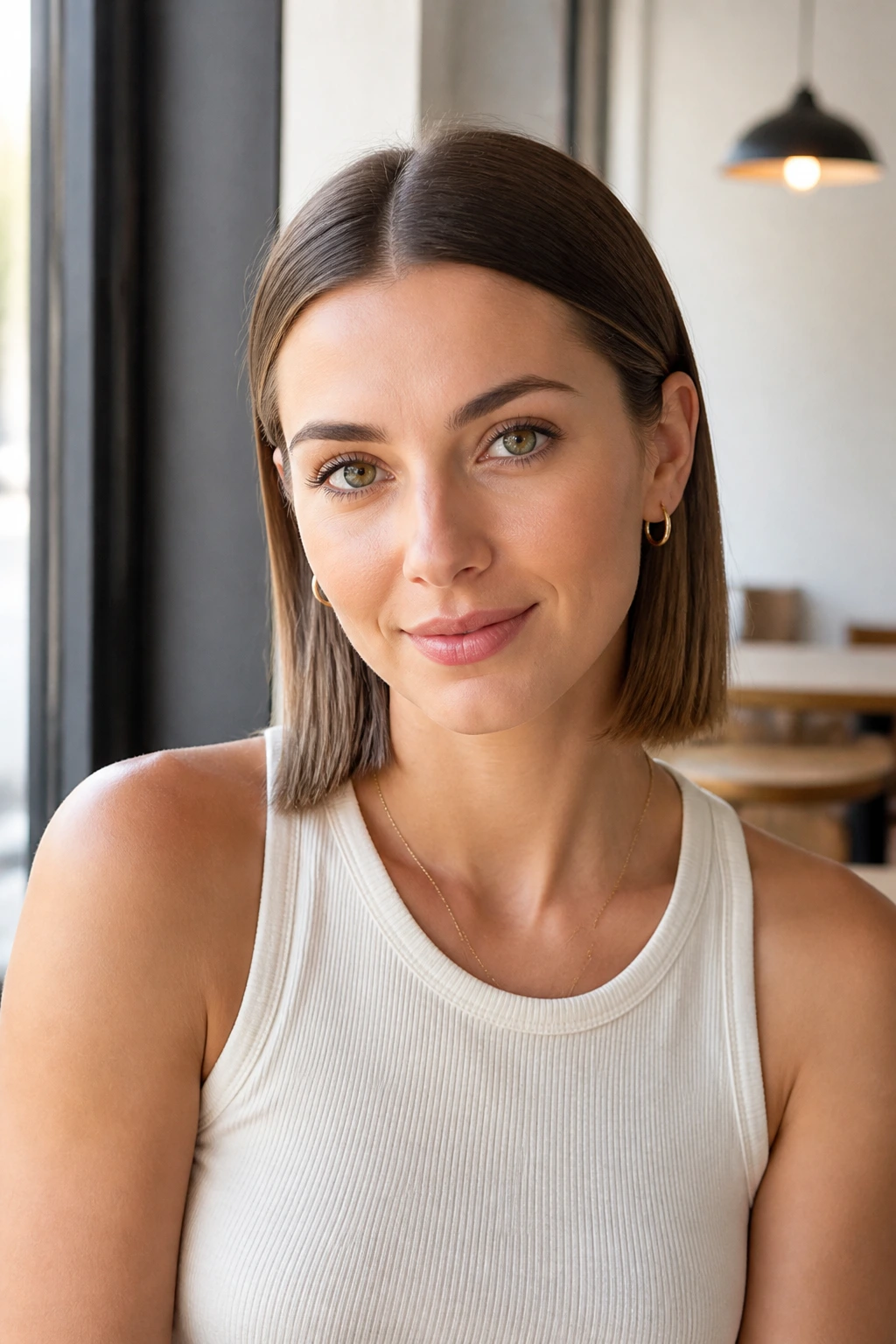 Close-up of a real woman with a center-part tucked lob framing her face.