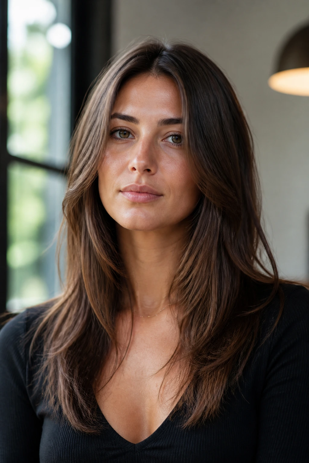 Close-up portrait of a real woman with a center-part long layered haircut and soft face framing.