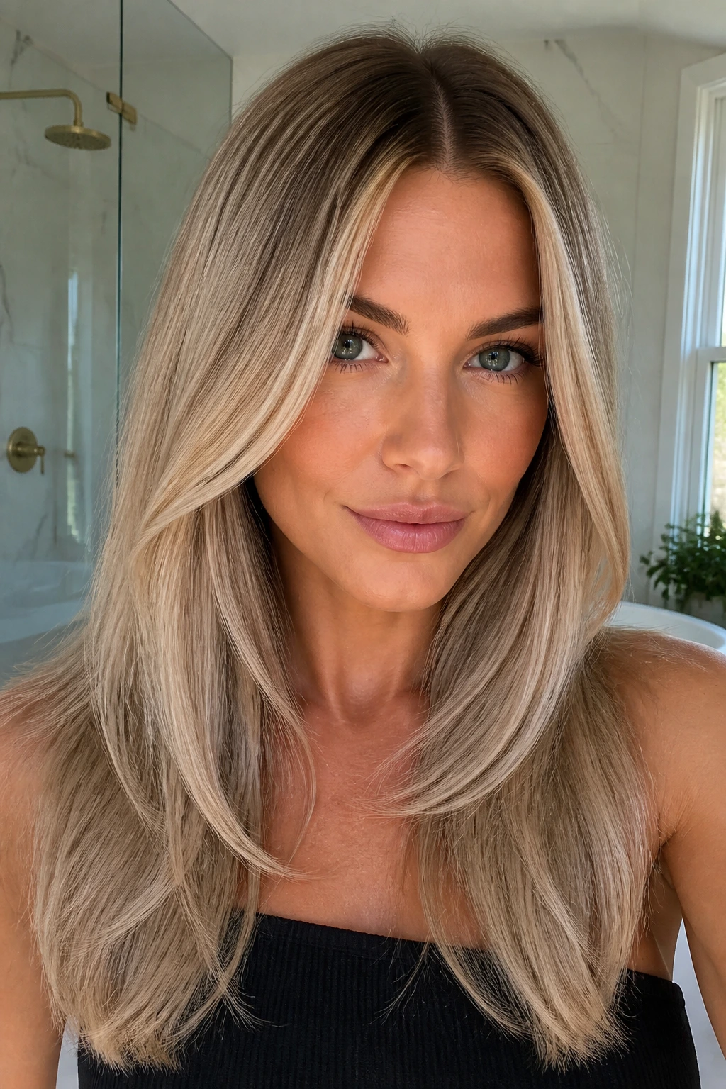 Portrait of a woman with center-part long layers cool beige blonde