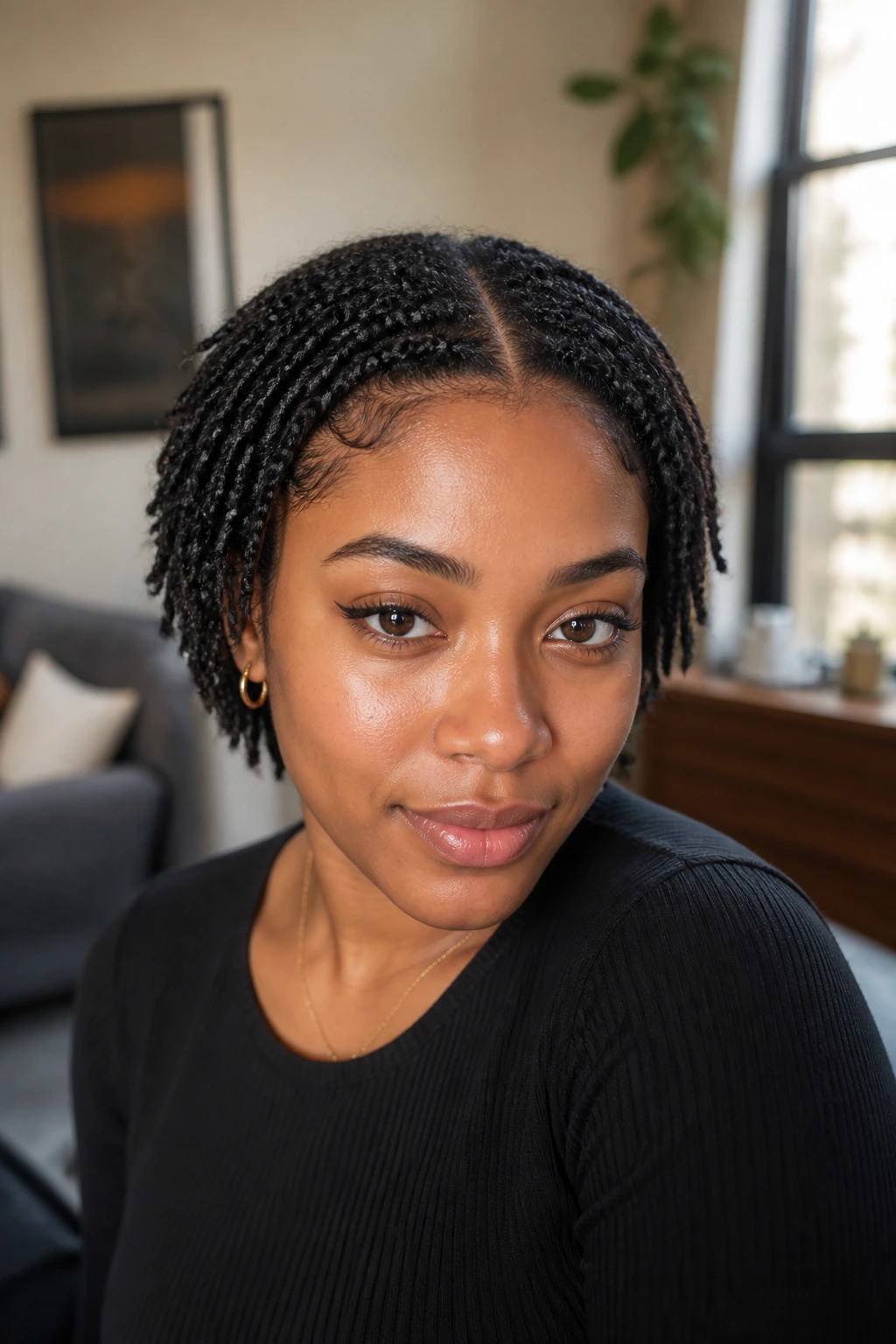 Portrait of a real person with a center-part and evenly sized mini twists
