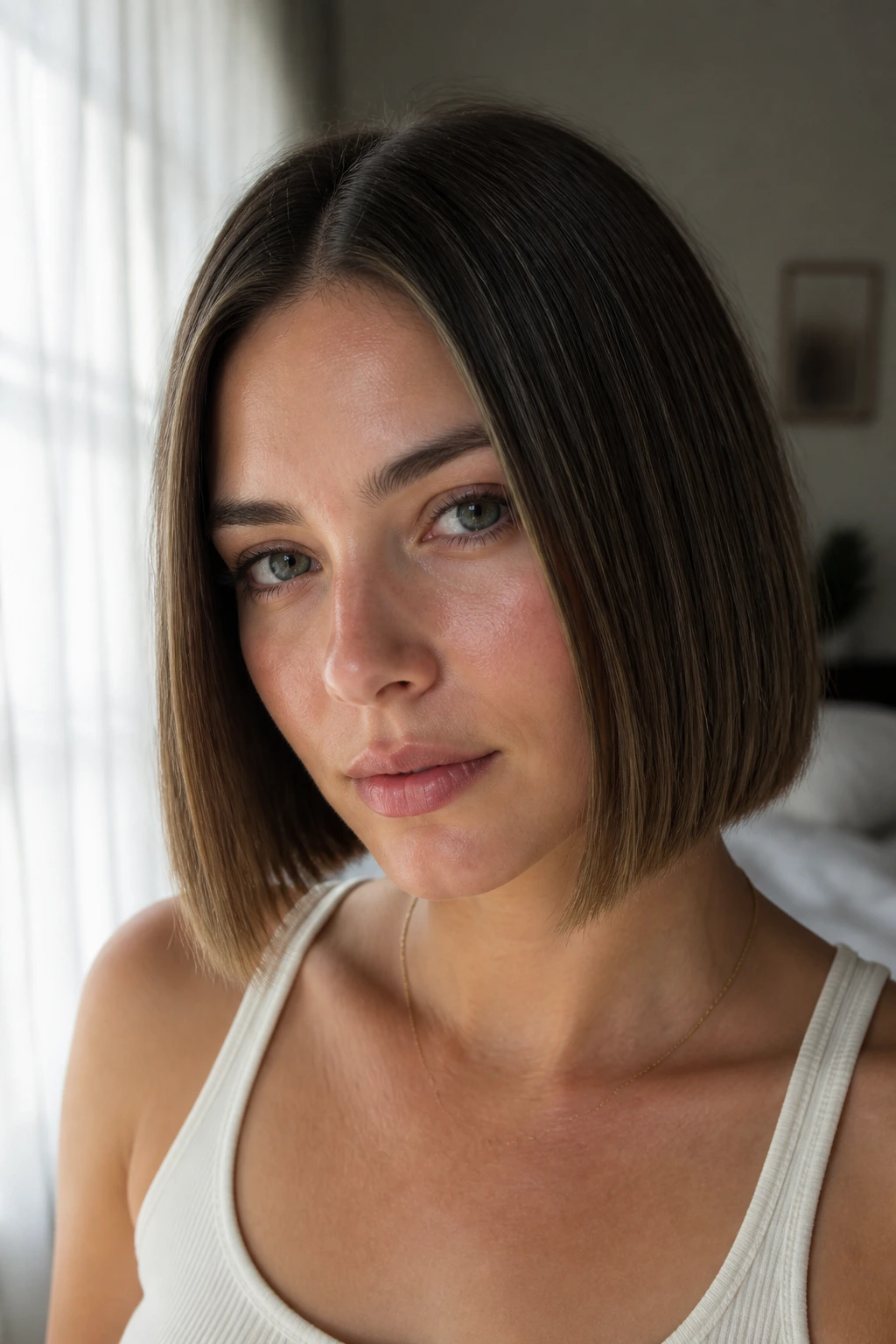Real woman center-part minimal bob with barely-there babylights.
