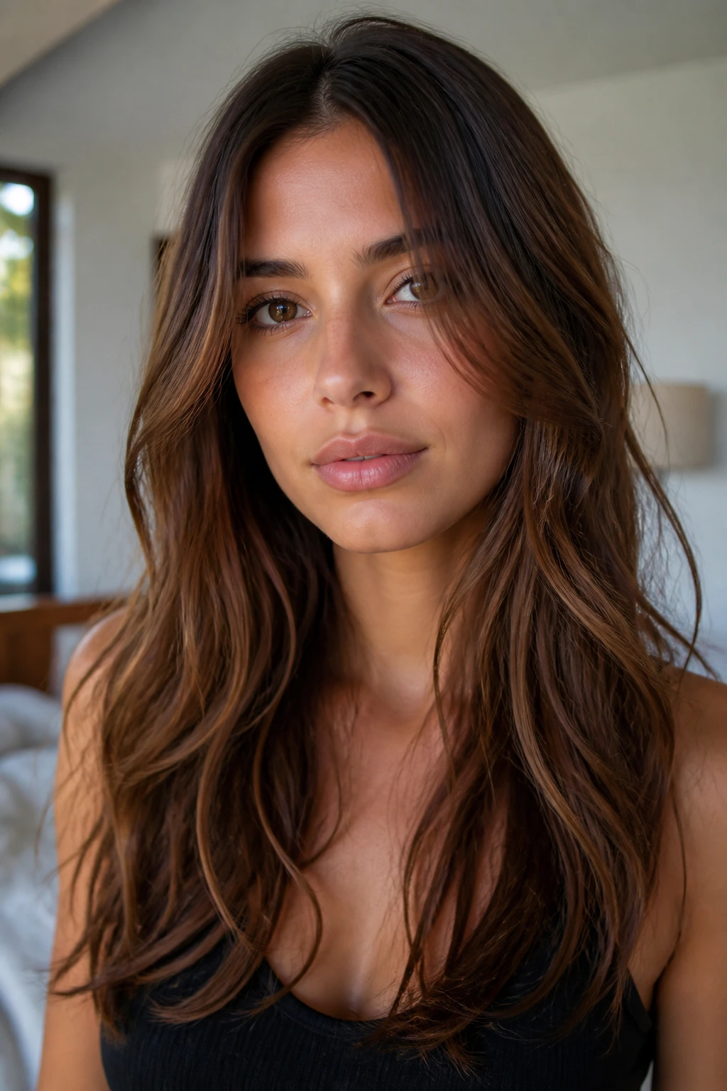 Real woman with center-part minimal layers and cheekbone framing in soft morning light