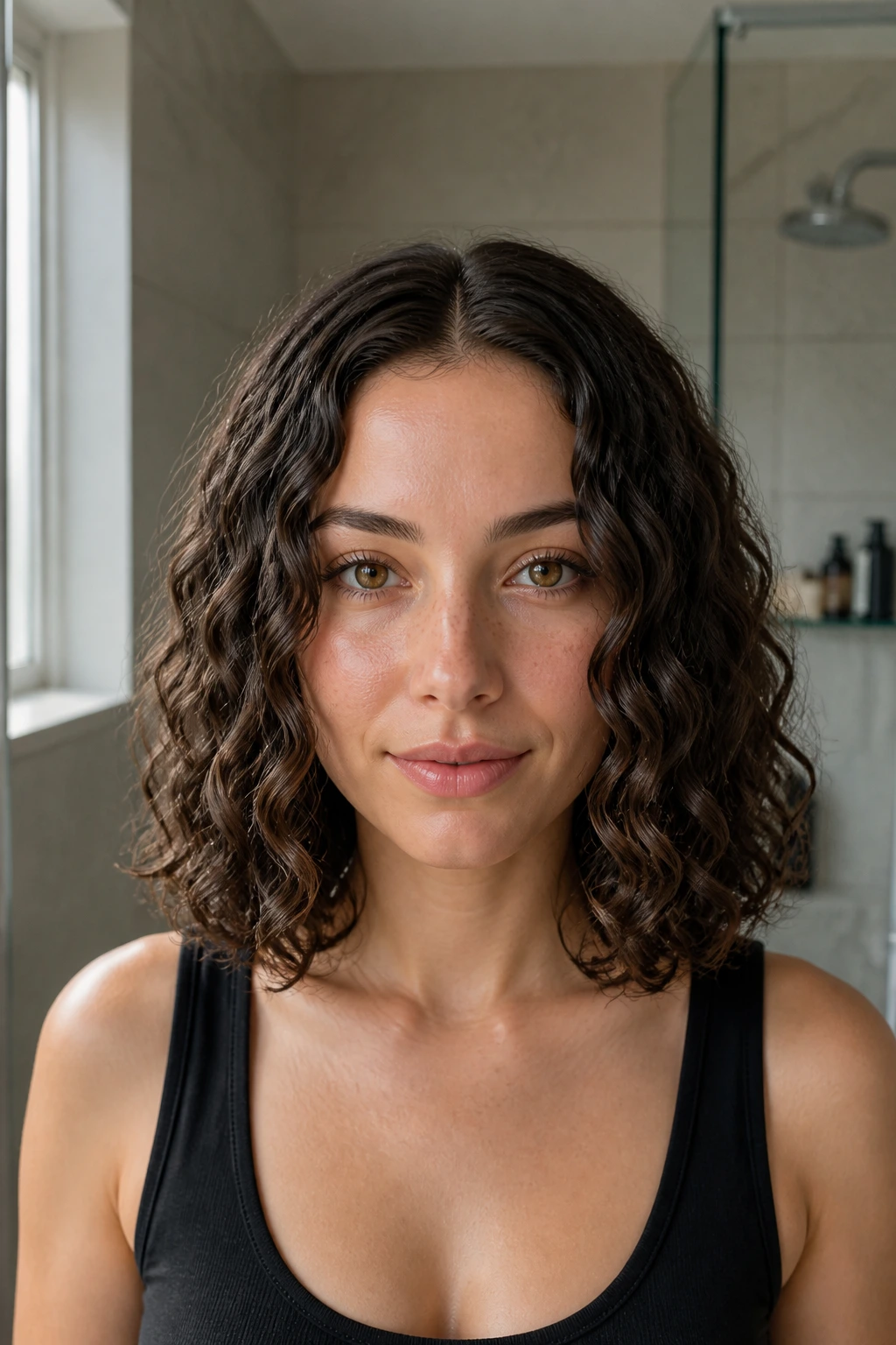Close-up of a real woman with a center-parted, shoulder-length curly lob.