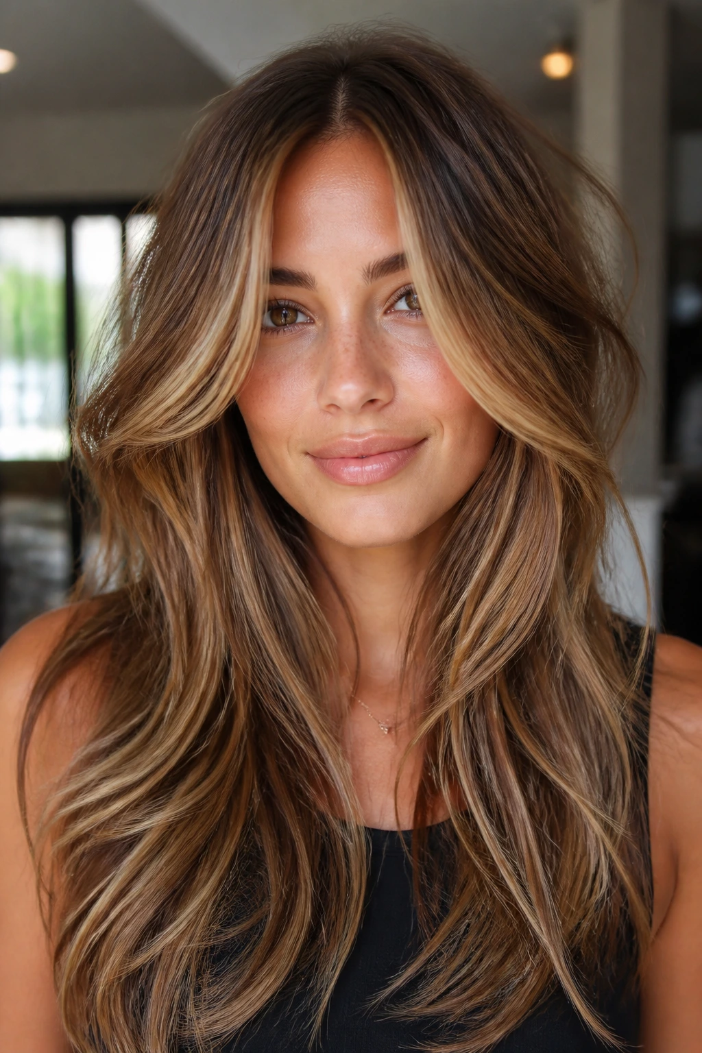 Portrait of a real woman with long layers and center-part money piece
