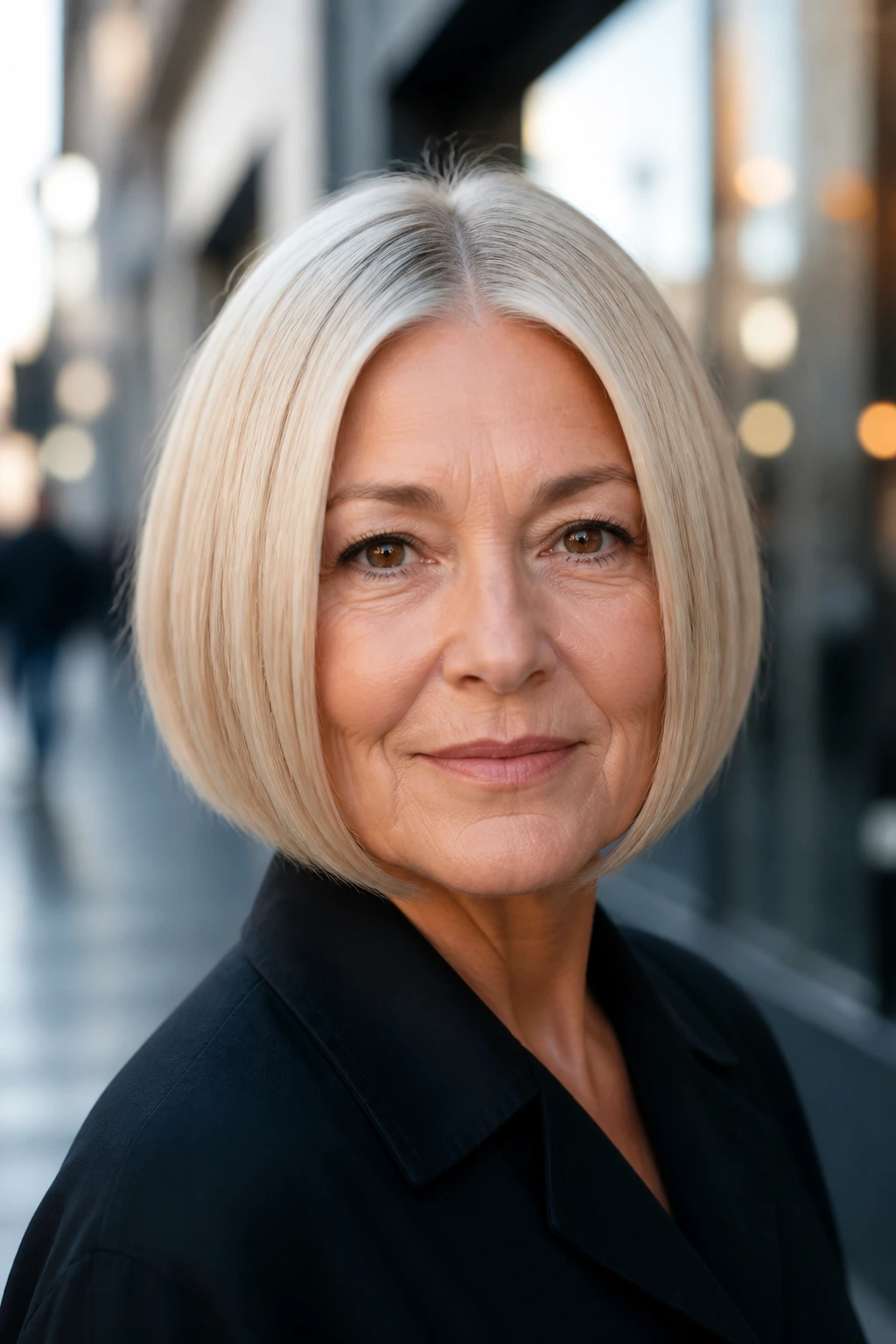 Portrait of a real woman with a sleek center-part pageboy against an urban backdrop.