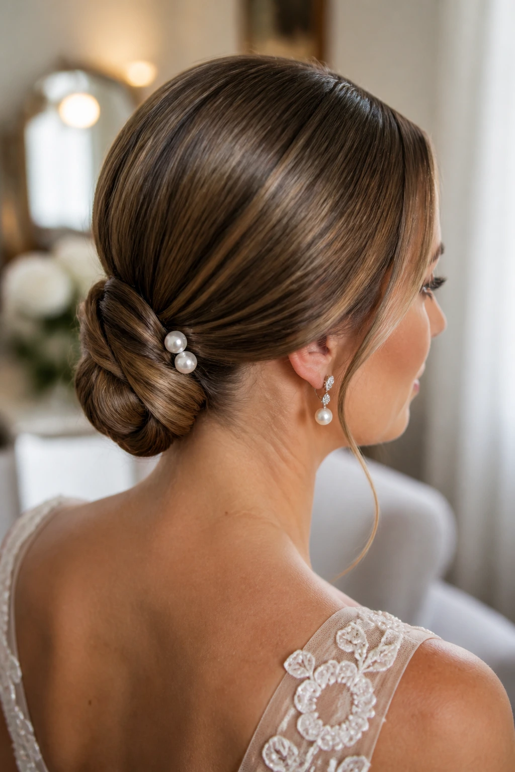 Close-up of a center-part knot with pearl pins on a real woman's bridal hair