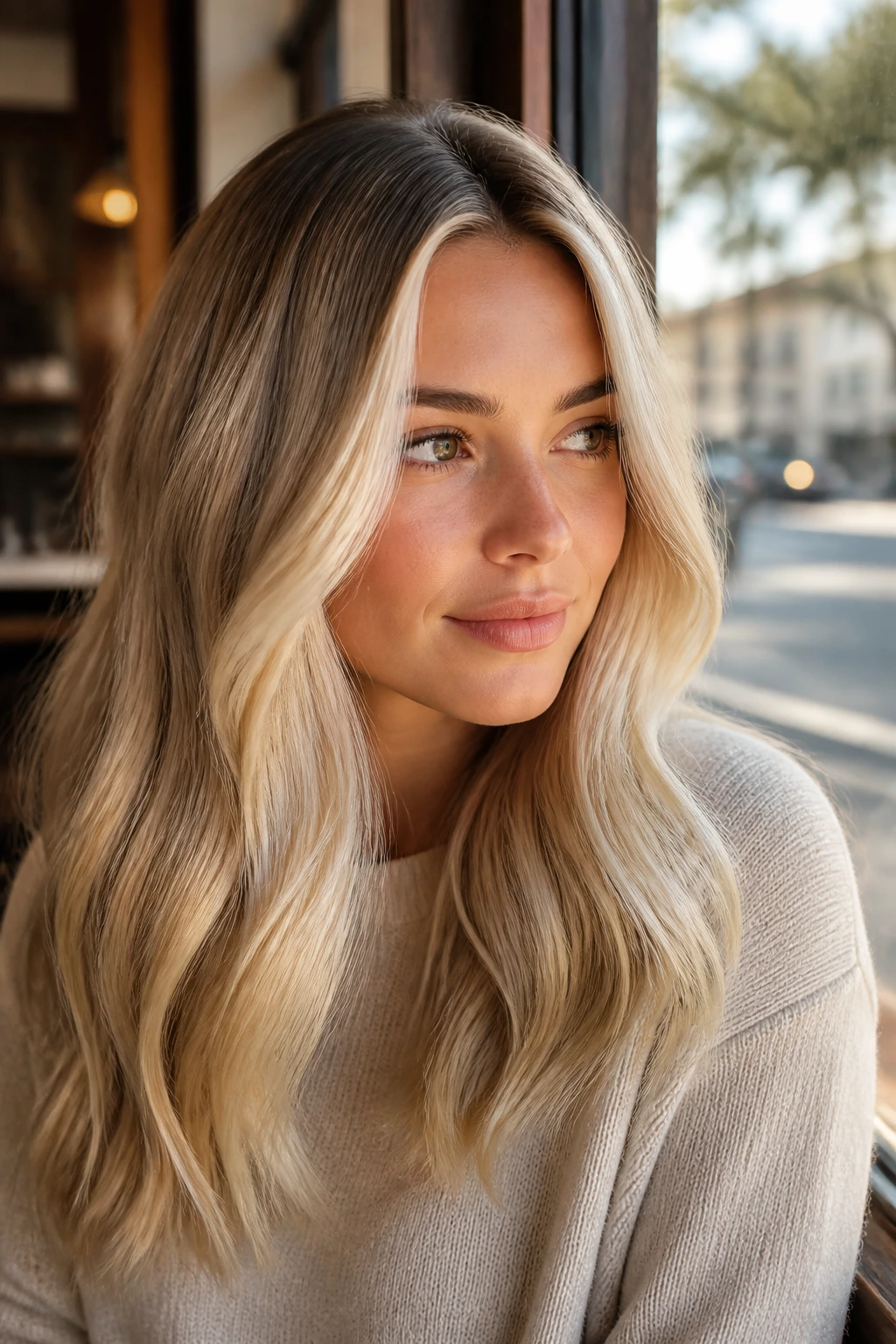 Portrait of a woman with center-part pearly blonde hair near a cafe window