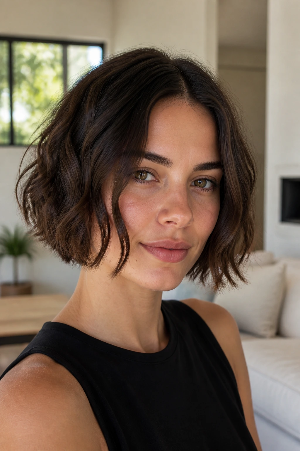 Close-up portrait of a real woman with a center-part piecey bob