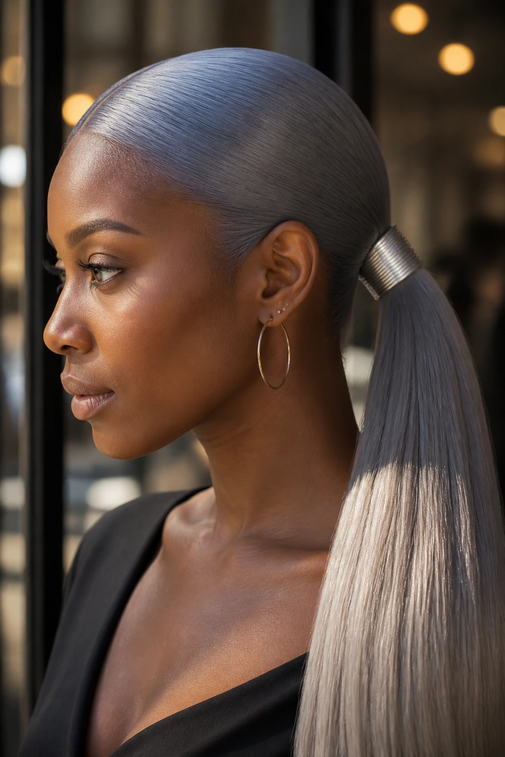 Close-up portrait of a real person with Sleek Center-Part Ponytail Metallic Wrap, deep skin, natural light.