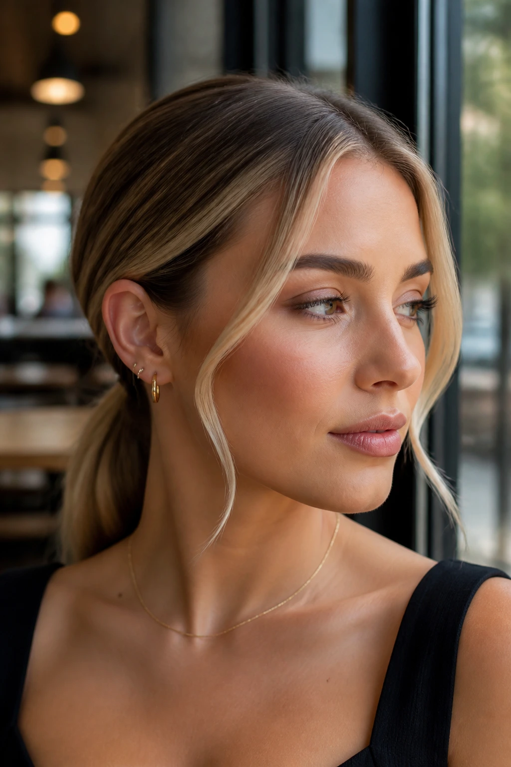 Close-up of a woman with a center-part sleek low ponytail and bright face-framing pieces in daylight.