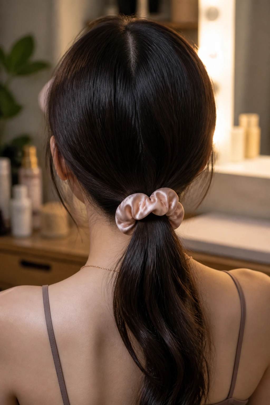 Back view of a real person with center-part ponytail and satin scrunchie