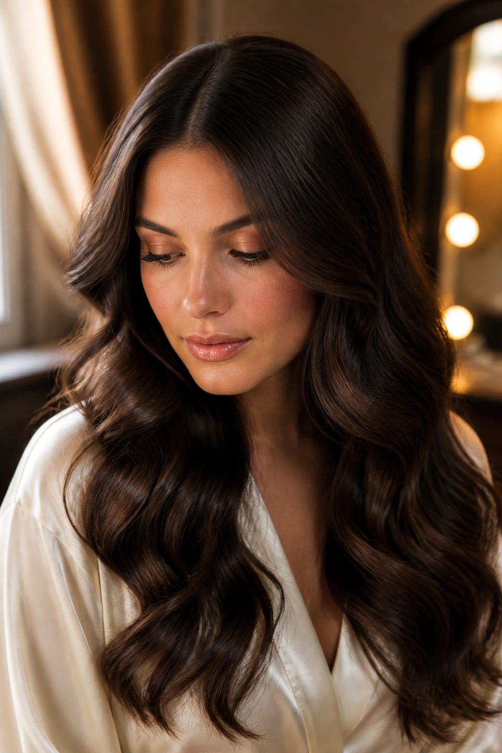 Center-part ribbon waves on a real woman with thick hair