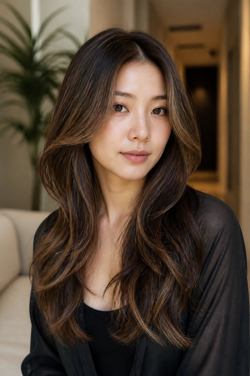 Portrait of center-part S-curve layered hair with front pieces bending away from the face