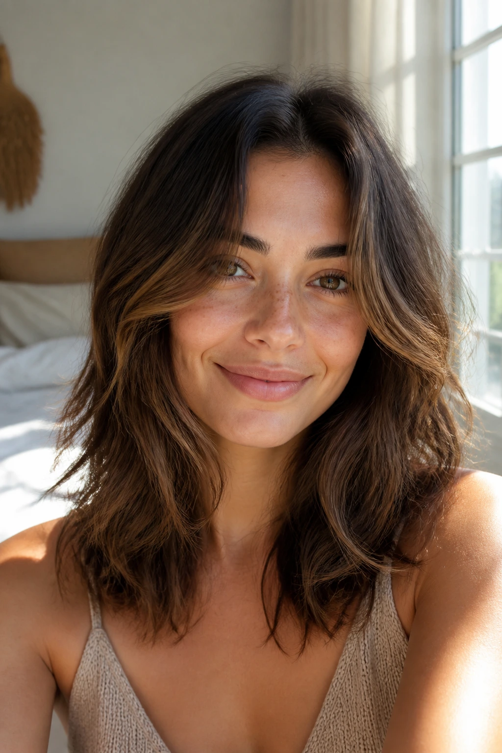 Close-up portrait of a real woman with a center-part shag and caramel highlights.