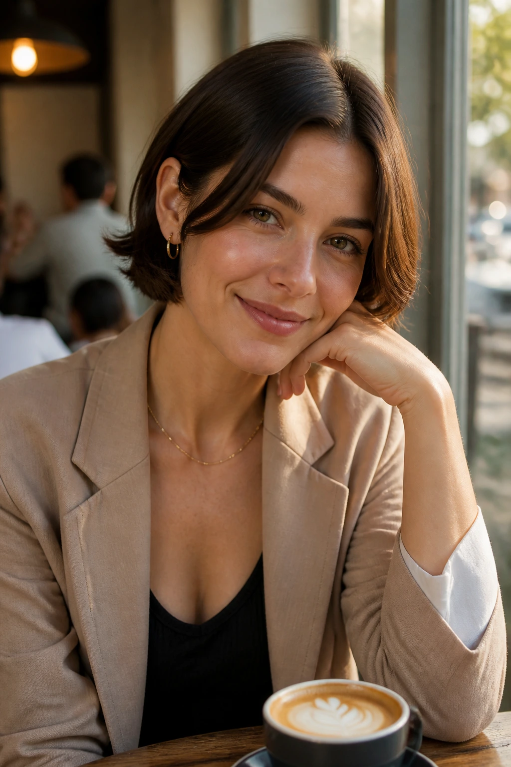 Portrait of a woman with center-parted short hair in a cafe setting.