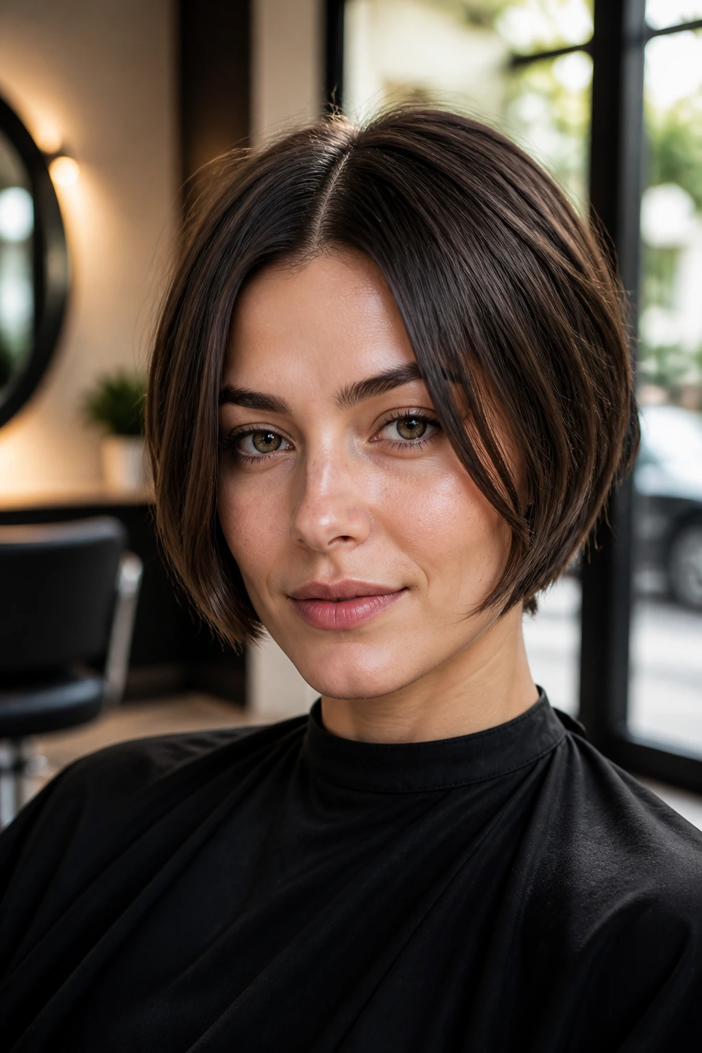 Close-up portrait of a woman with a center-part short haircut and cheekbone-grazing pieces.