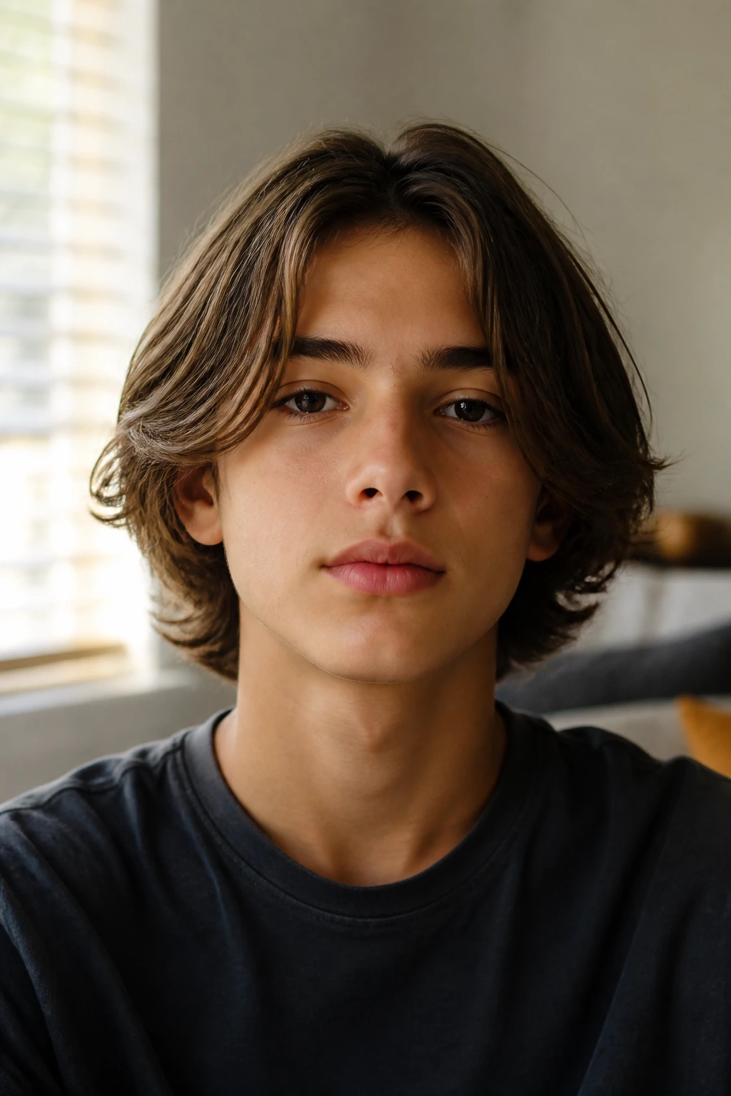 Portrait of a boy with center-part shoulder-length hair showing variation for different faces