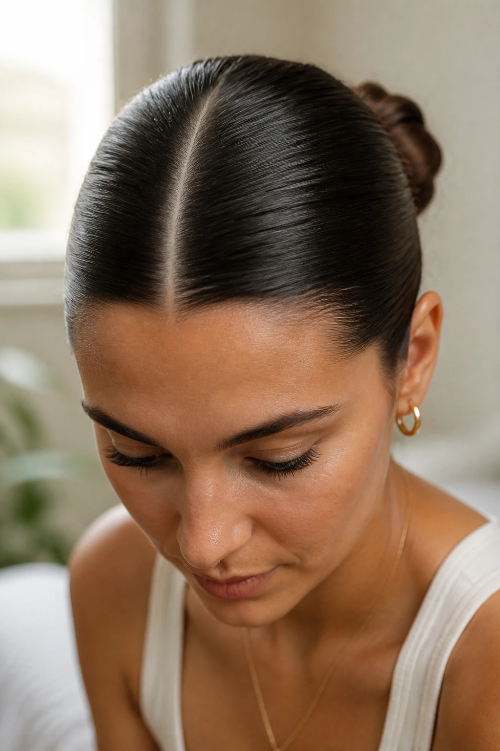 Close-up of a real person showing a center part with hair pulled back into a bun.